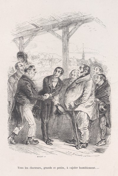 All voters, big and small, gather to humbly coax each other... from the Little Miseries of..., 1843 by Jean Ignace Isidore Gérard