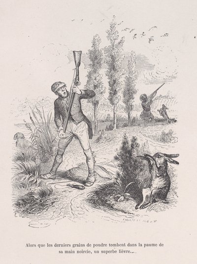 As the last grains of powder fall into the palm of his blackened hand, a superb hare... by Jean Ignace Isidore Gérard