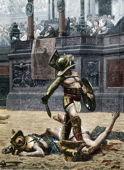Gladiators in the Roman Arena. Spectators are warning the winner not to spare his opponent he beat, and put him to death. Engraving after a detail of the painting by Jean Leon Gerome (1824-1904) by Jean Leon (after) Gerome