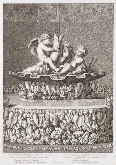 Fountain with two cupids riding a crayfish, designed by Jacques Houseau, at Versailles by Jean Lepautre