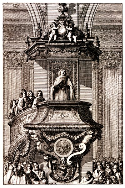 Preacher speaking to the crowd from a pulpit by Jean Lepautre