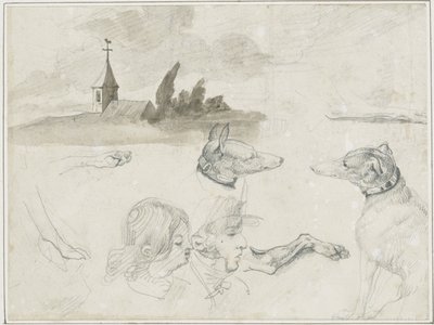 Sheet of Sketches: Greyhounds; A Male and a Female Head by Jean Louis André Théodore Géricault