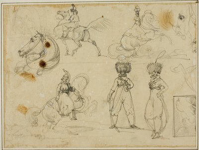 Sheet of Sketches: Soldiers, Horses and a Landscape by Jean Louis André Théodore Géricault