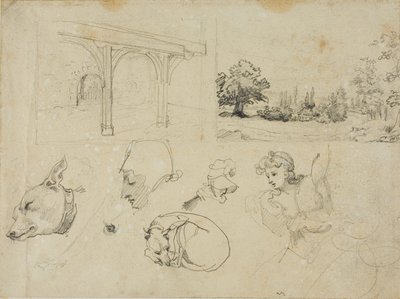Sketches of A Shed, A Landscape, Dogs and Various Figures by Jean Louis André Théodore Géricault