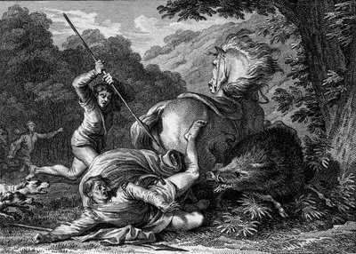 Carloman II died (867-884) in a hunting game, 884. Wanting to help the king attacked by a wild boar, a servant accidentally shoves his spear into his thigh. Engraving by Jean Michel Moreau, dit Moreau le Jeune (1741-1814) by Jean Michel the Younger Moreau