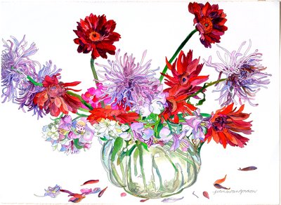 Gerbera Daisies, Star of Bethlehem, Spider Chrysanthemums, Heisey Pitcher, 2000 by Jean Swan Gordon