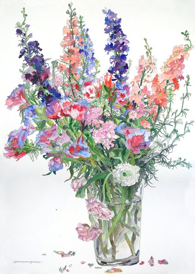 Ranunculus, Godetia, Delphiniums, 2000 by Jean Swan Gordon