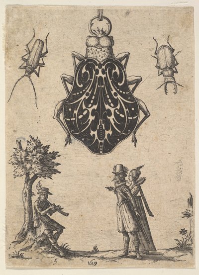 Pendant Shaped like a Beetle with a Couple and a Young Man Playing an Instrument, 1619 by Jean Toutin