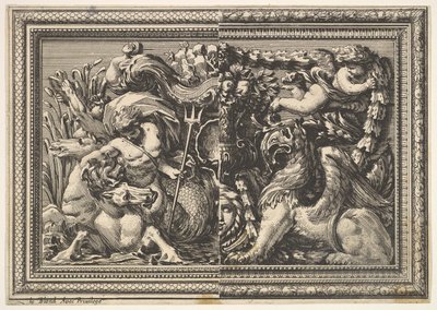Design for a Panel with Two Variants containing a Hippocamp and a Griffin, from: Ornaments, 1651 by Jean le Pautre