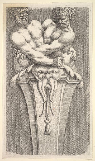 Design for a Term with Two Bacchic Figures, from: Curieuses recherches de plusieurs beaus ..., 1645 by Jean le Pautre