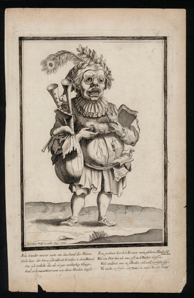 Man carrying a set of bagpipes and wearing a peacock feather headdress, surrealistic costume print, c1700 by Jeremias Wolff