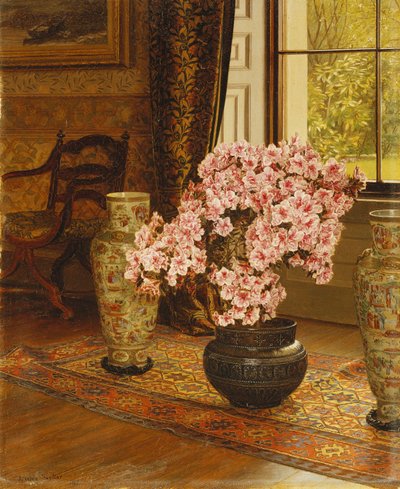 Azalea in a Japanese Bowl, with Chinese Vases on an Oriental Rug, in an Interior by Jessica Hayllar
