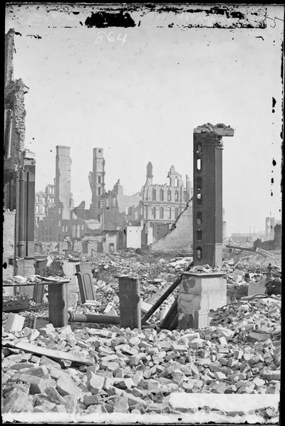 View from Southwest Corner of Dearborn and Monroe Streets, Showing the Grand Pacific Hotel in the Background and the Ruins of the Honore Block in the Foreground After the Chicago Fire of 1871, c.1871 by Jex Bardwell