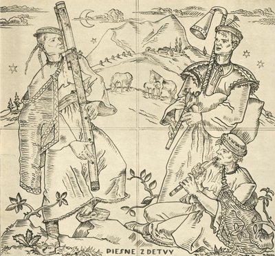 Slovak fuyara, bagpipes and pipe. Sketch for sgraffito work on the bridge in Pietany, by State Pr by Joža Uprka