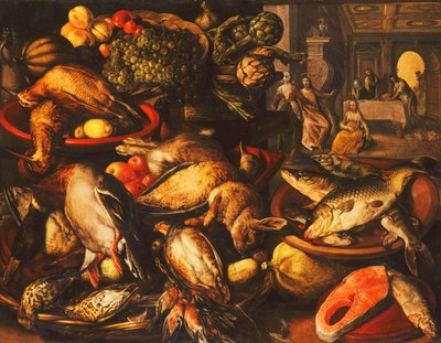 Game, Fish, Fruit and Vegetables in Baskets and Bowls in a Larder by Joachim Beuckelaer