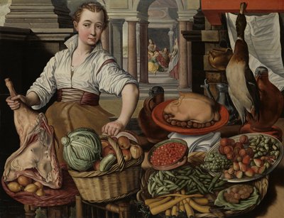 Kitchen Scene, with Jesus in the House of Martha and Mary in the Background by Joachim Bueckelaer (copy after)