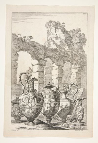 Three Pitchers, A Covered Vase, and a Candlestick in a Landscape with Ruins by Joachim von Sandrart