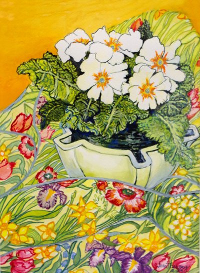 Pale Primrose in a Pot with Spring-flowered Textile by Joan Thewsey