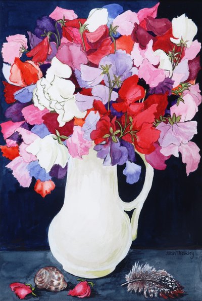 Sweet Peas in a White Jug with Shell and Feather 2011 by Joan Thewsey