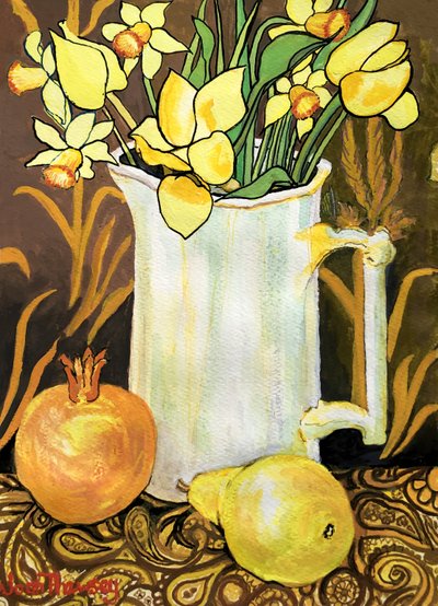 Tulips and Daffodils in a White Jug, with Textiles, Pomegranate and Pear by Joan Thewsey