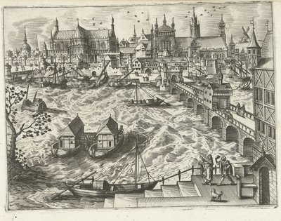 Cityscape with Bridge and Harbor by Joannes van Doetechum (I) (attributed to)