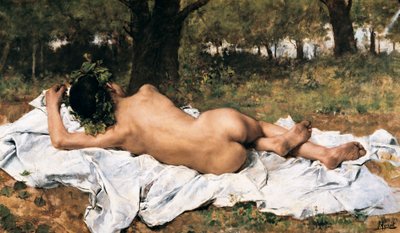 Young Bacchus: Bacchus from back lengthens on a sheet in the grass. Painting by Joaquin Agrasot y Juan (1836-1919) Around 1872. Valencia. Museum of Bellas Artes San Pio V. by Joaquin Agrasot y Juan