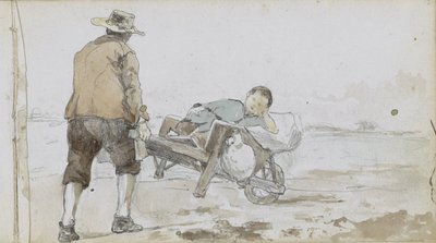 Landscape with a Man Pushing a Boy on a Handcart by Johan Hendrik Weissenbruch