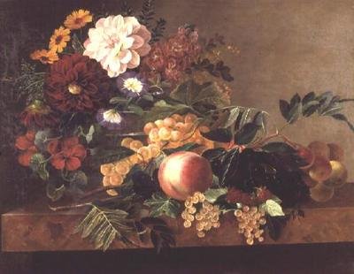 Flowers and Fruit on a Marble Table by Johan Laurents Jensen
