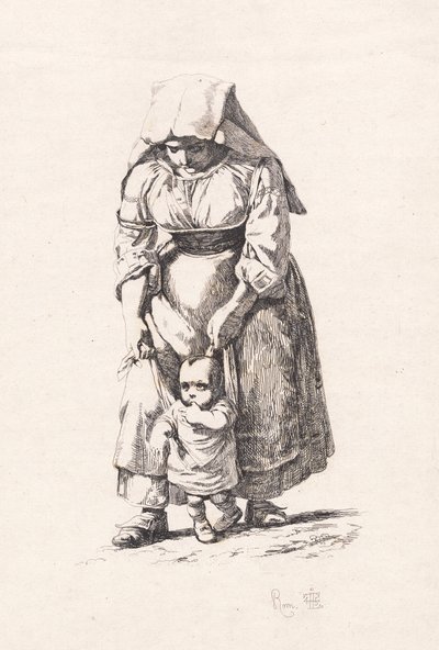 A Peasant Woman from Civitella Leading Her Small Child on a Leash by Johan Thomas Lundbye