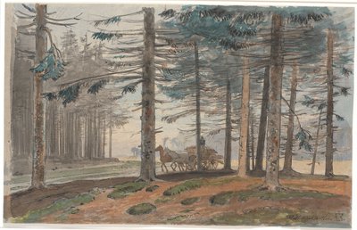 Pine Forest with Road, on which a Horse-Drawn Wagon with a Load of Firewood is Driving. In the Background a Clearing in the Forest by Johan Thomas Lundbye