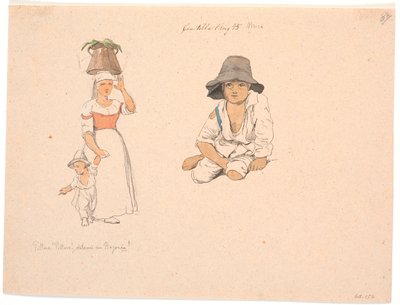 Italian Woman with a Bucket on Her Head and a Begging Boy by Her Hand. To the Right, Study of a Seated Italian Boy by Johan Thomas Lundbye