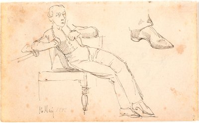 Sketchbook Page with a Seated Young Man and Study of a Shoe by Johan Thomas Lundbye