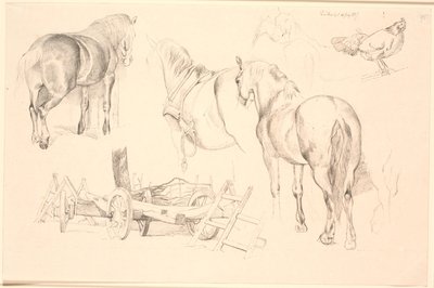 Study Sheet with Horses, Farm Tools, and a Hen on Its Perch by Johan Thomas Lundbye