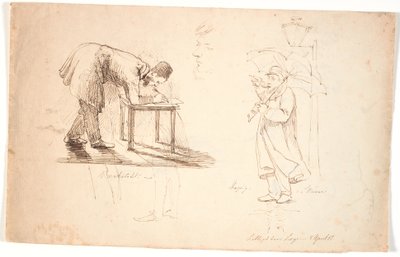 Study Sheet, left shows the artist himself, bent over, drawing on a stool or small table. Above this, two studies of an officer and a gentleman in a coat. In the middle, study head, self-portrait. Right, the artist stands with an umbrella on the street by  by Johan Thomas Lundbye