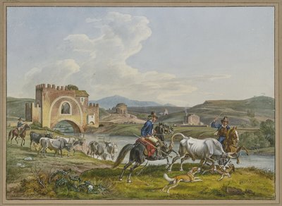 Roman Campagnoli on Horseback Catching a Bull with Dogs by Johann Adam Klein
