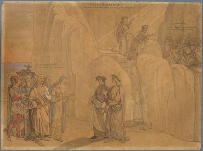 Dante, reaching a rock wall, meets Manfred, the former King of Apulia and Sicily, who reveals himself and shares various things; above on the rock, they see the excommunicated doing penance by Johann Anton Ramboux