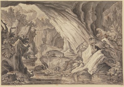 Six Otters in a Rock Cave by the Water by Johann Elias Ridinger