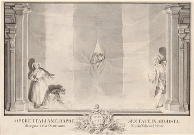 Two Actors Peeking through a Theater Curtain while Others Prepare the Footlights by Johann Esaias Nilson