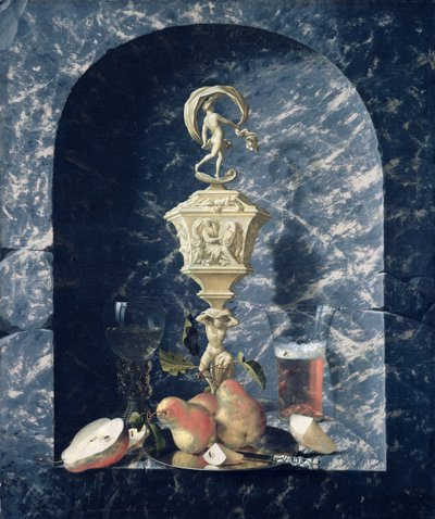 Still Life with Decorated Goblet, Fruit and Glasses in a Stone Alcove by Johann Georg Hinz