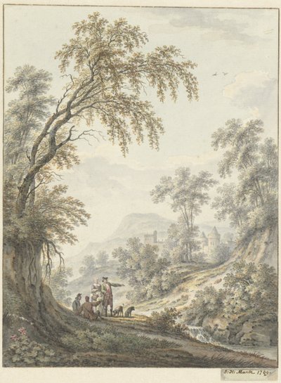 Landscape with Small Waterfall and a Castle in the Distance by Johann Heinrich Muntz