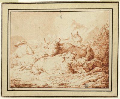 Cattle and Sheep with Herdsman in Rocky Landscape by Johann Heinrich Roos