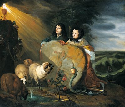 Self Portrait (?) with his Wife and Symbols of the Christian Faith by Johann Heinrich Roos