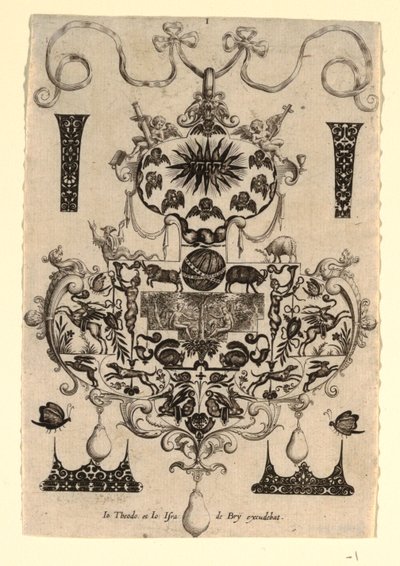 Pendant Design with the Temptation, Plate 1, from a series of eight pendant designs with the cardinal virtues by Johann Theodor de Bry