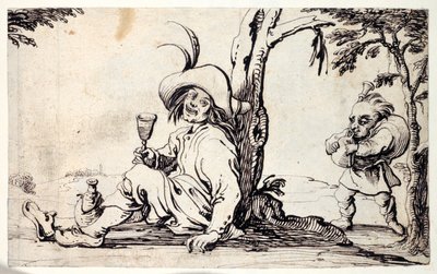 Countryman Seated Refreshing Himself and a Dwarf with Bagpipes by Johann Wilhelm Baur