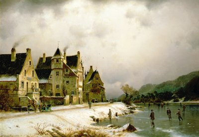 A Winter River Landscape with Figures Skating on the Ice by a Village by Johannes Bartolomaus Duntze