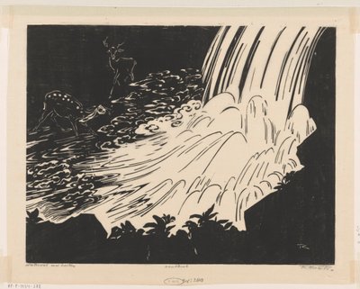 Waterfall with Deer by Johannes Frederik Engelbert ten Klooster (signed by artist)