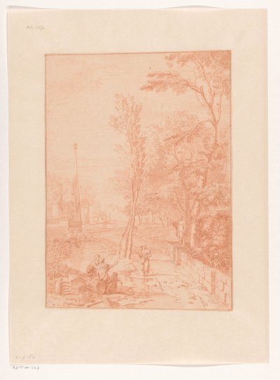 Arcadian Landscape with Figures near an Obelisk by Johannes Glauber