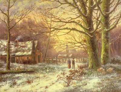 Figures on a Path Before a Village in Winter by Johannes Hermann Barend Koekkoek