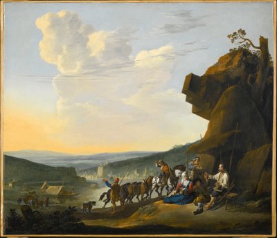 Southern Landscape with a View of a Bay, with Travelers Resting by Johannes Lingelbach