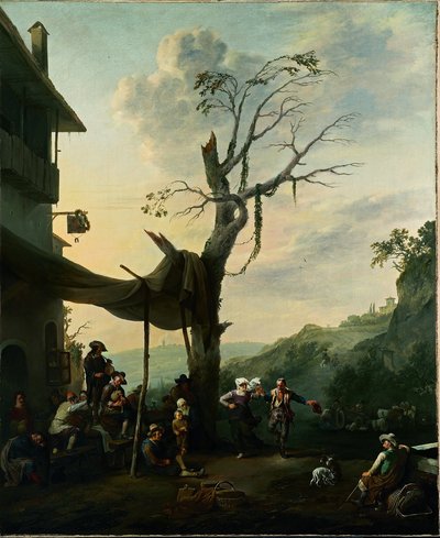 Mountainous Landscape with Peasants Dancing and Playing Music before an Inn by Johannes Lingelbach